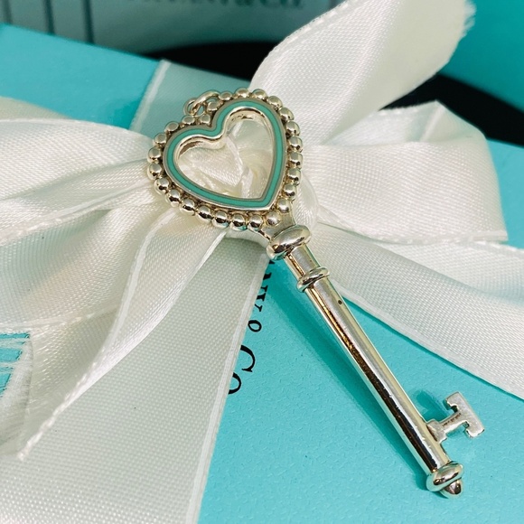 Tiffany & Co Large heart Key blue enamel Pendant charm 2”  w/box - Picture 1 of 5